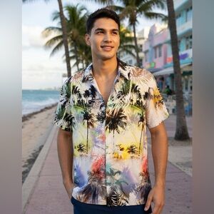 Guess Men's Tropical Palm Trees Beach Short-Sleeve Shirt Multicolor Vacation